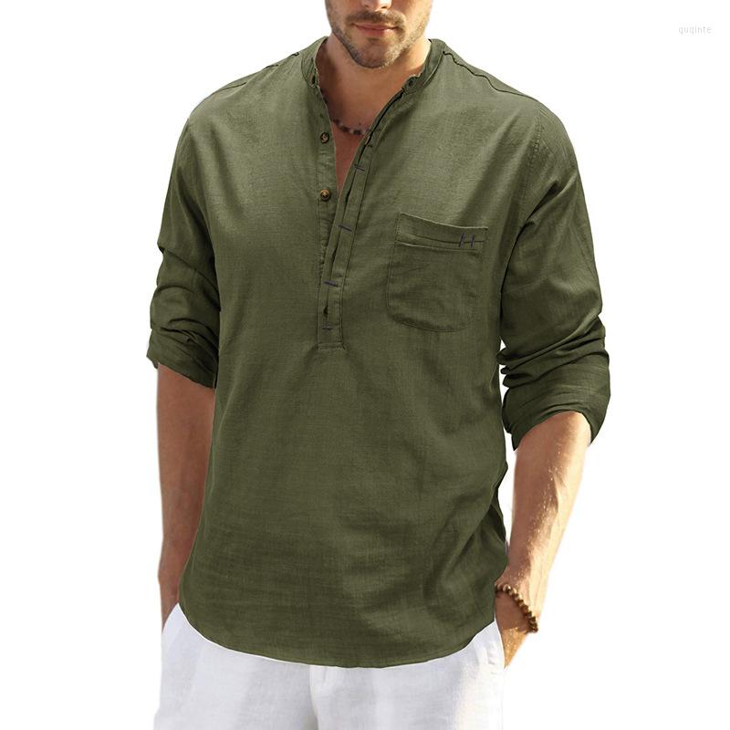 

Men' Casual Shirts Men' Cotton Linen Shirt Spring Autumn Solid Color Long Sleeve Pullover Stand Collar Loose -2XL, Black