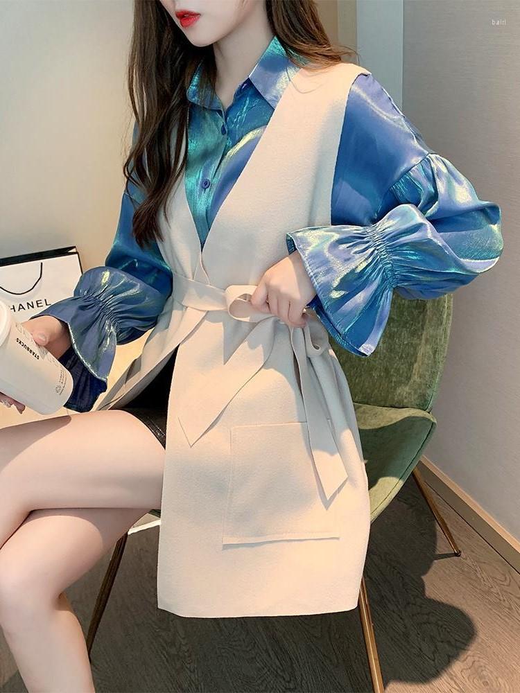 

Women' Blouses Women Bandage Vest Long Flare Sleeve Loose Shirt Female 2022 Spring Clothes Two-Pieces Top Set For Korean Fashion Suits, Red set