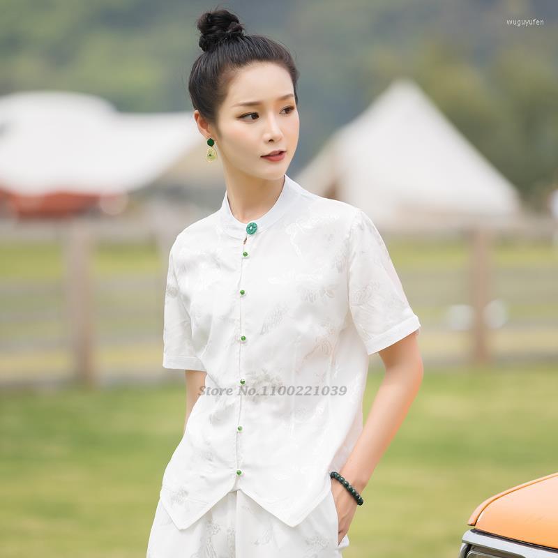 

Ethnic Clothing 2022 Chinese Traditional Blouse Women Tops Vintage Satin Jacquard Female Shirt Loose Hanfu Harajuku Femme Tang Suit