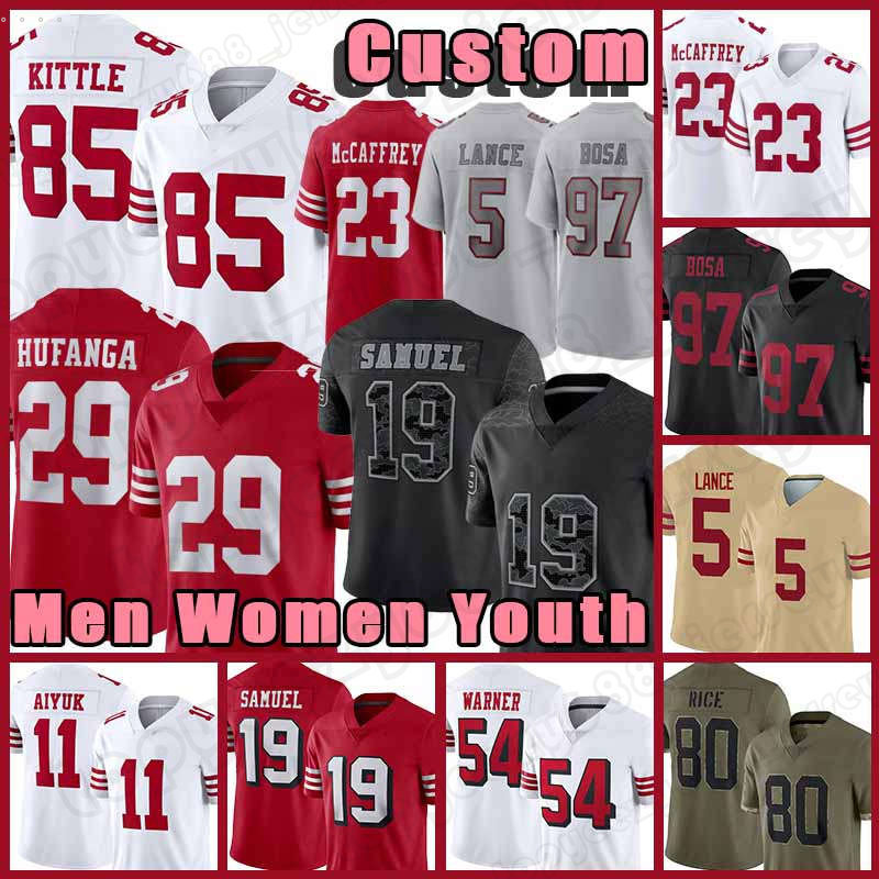 

23 Christian McCaffrey Football Deebo Samuel 80 Jerry Rice Jerseys George Kittle Nick Bosa Trey Lance Talanoa Hufanga Fred Warner Jimmy Garoppolo Kyle Juszczyk Ward, Black