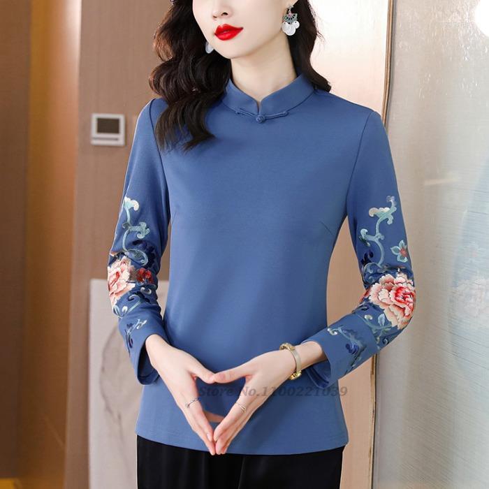 

Ethnic Clothing 2022 Chinese National Flower Embroidery High Collar Tops Women Bottomed Shirt Vintage Pullover Long Sleeves Slim Blouse