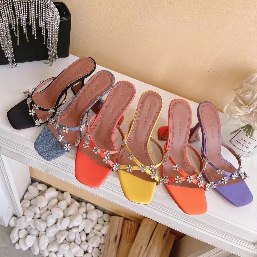 

Amina Muaddi Sandals Mules Shoes Women Heels Dress Shoe Women 'S Real Silk Crystal Embellished Strap Slippers Rhinestone Spool Heel Luxury, Pink
