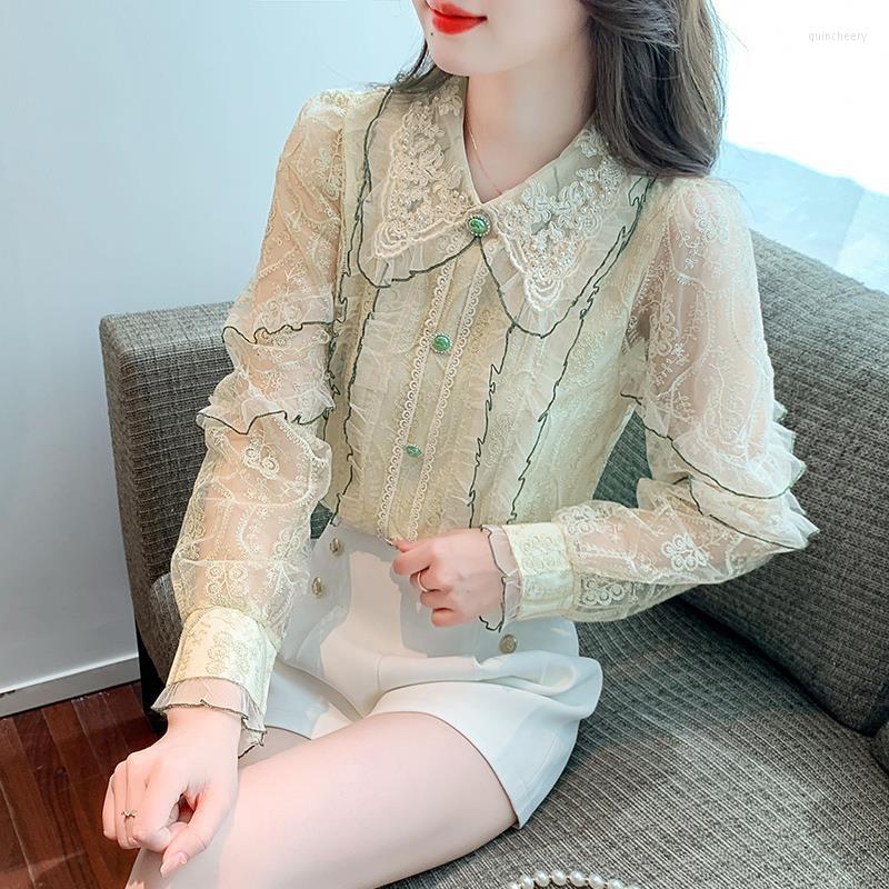 

Women' Blouses 2022 Autumn Latest French Puff Sleeves Light Luxury Fashion Heavy Industry Stand Collar Lace Embroidery Crochet Shirt Women, Light green