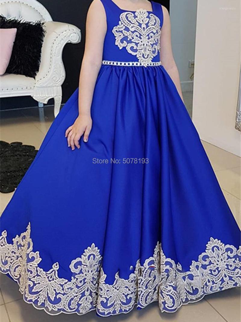 

Girl Dresses 7131 In Square Collar A-line Floor-length Bule Fashion Flower Appliques&beaded&belt&bow, Blue
