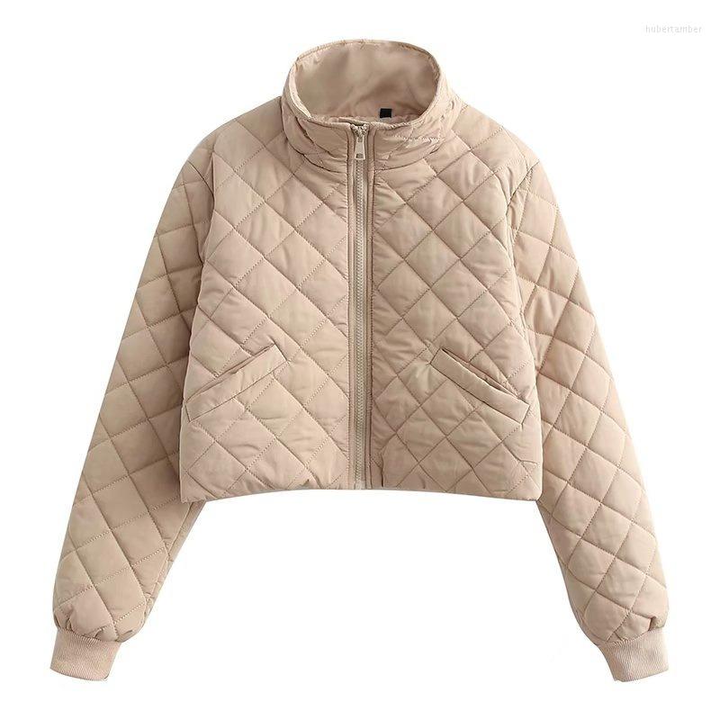 

Women's Down Fall/winter Stand-collar Cotton Padded Jacket Quilted Coat Fashion Diamond Pattern Zipper Parka, Beige
