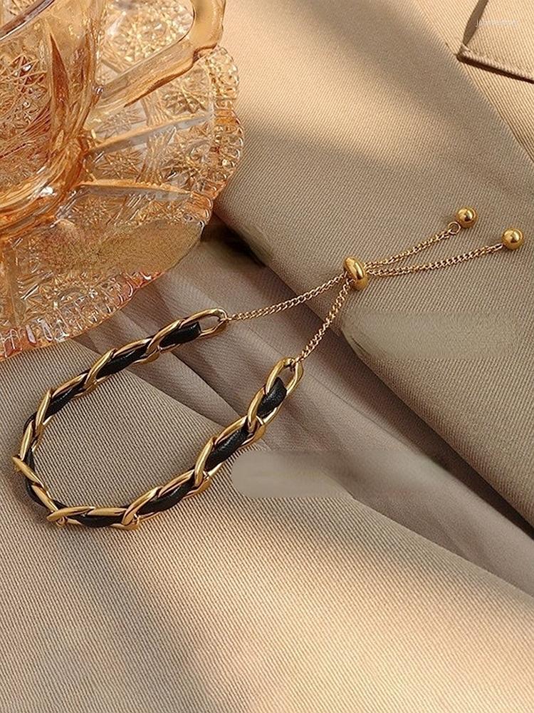 

Link Bracelets Stainless Steel Luxury Chain Leather Rope Sliding Bead Pull Buckle Adjustment Bracelet Gold For Women Accessories Jewelry