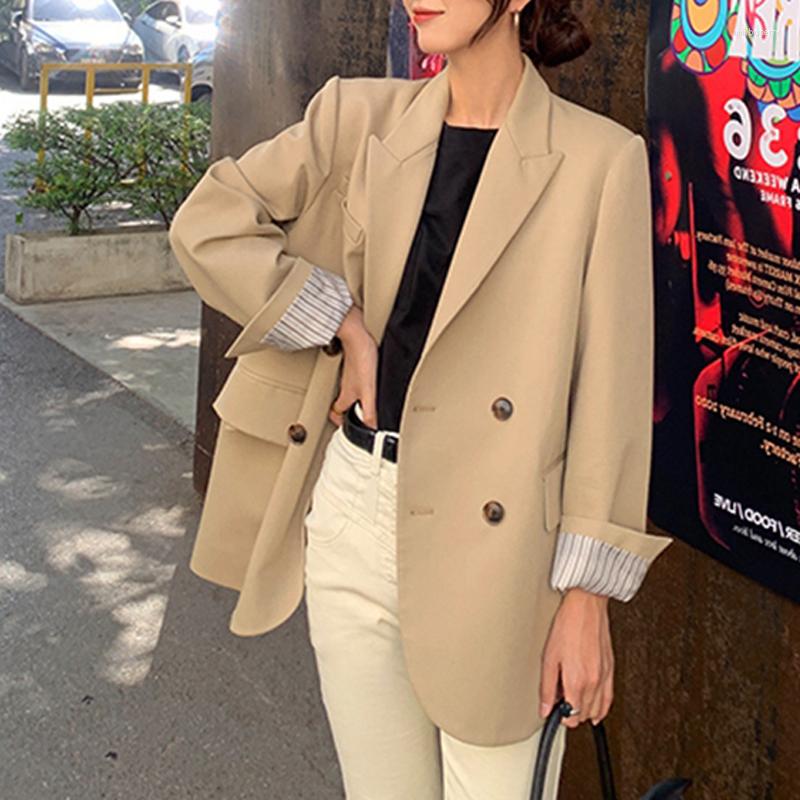 

Women' Suits Women Spring Loose Blazers Vintage Business Korean Fashion Double Breasted Khaki Casual Office Lady Chic Jackets