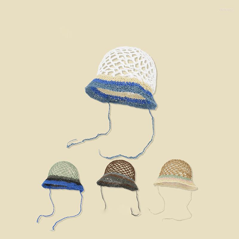

Berets Handmade Braided Straw Hat Women Contrast Mesh Fisherman Cap Summer Female Thin Section Small Fresh Basin Vacation Beach, White