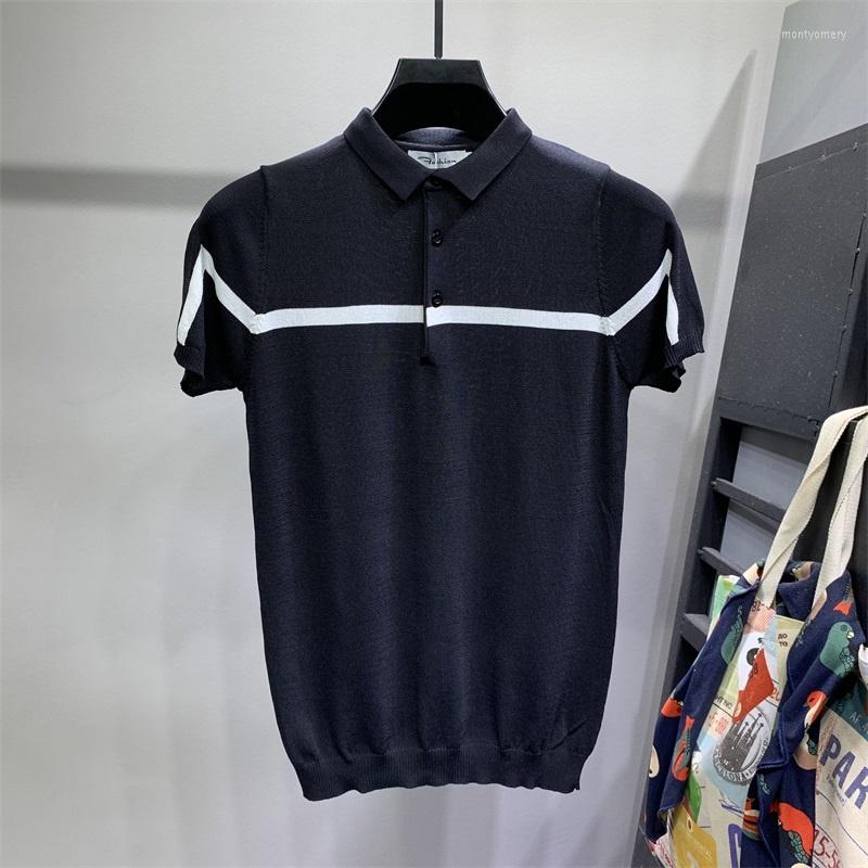 

Men's Polos Summer 2022 Short-sleeved Knitted Casual Polo Shirts Contrast Color British Slim Lapel Ice Silk Shirt Men Clothes B48, Black