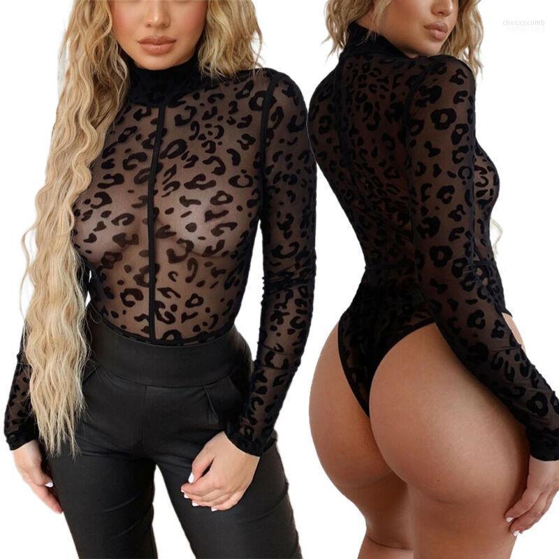 

Women' Jumpsuits Women' & Rompers Sexy Women Sheer Mesh Leopard Causal Turtleneck Bodycon Jumpsuit Romper Leotard Top Long Sleeve, Picture shown