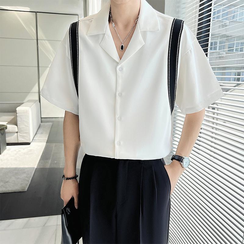 

Men's Casual Shirts Fashion Summer Short-sleeved Shirt Cuban Collar Contrast Color Black And White Loose Trend Ins Half-sleeved Men
