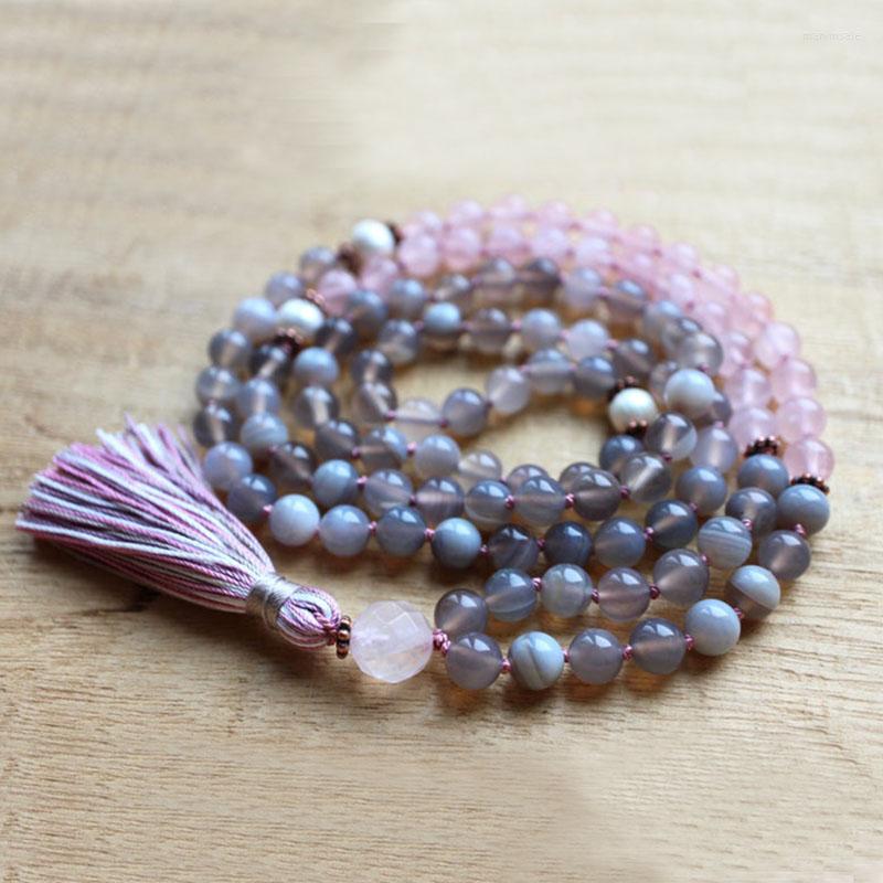 

Chains Grey A-gate Mala 108 Meditation Beads Rose Q-uartz Necklaces For Women Yoga Tassel Jewelry Boho Necklace