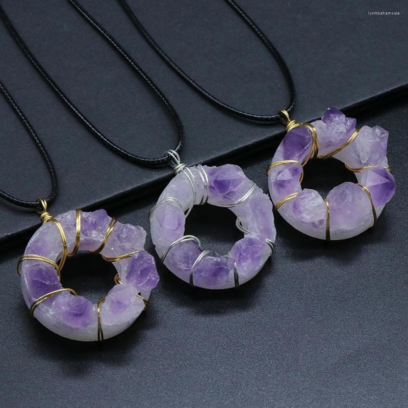 

Pendant Necklaces Wholesale4PCS Natural Semi-precious Stones Amethyst Original Stone Round Shape Necklace DIY Charm Jewelry Gift