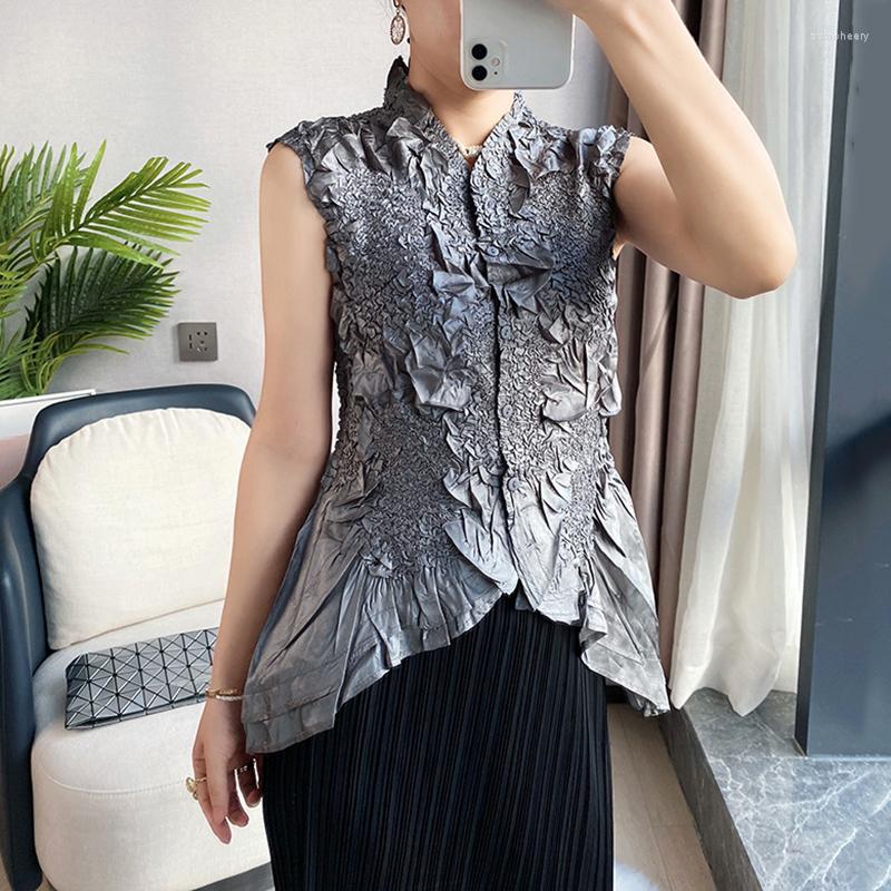 

Women's Blouses Woman Pleated Blouse Solid Embossing Single Breasted Irregular Sleeveless Casual Style Elegant Tops 2022 Summer Clothing, Purple