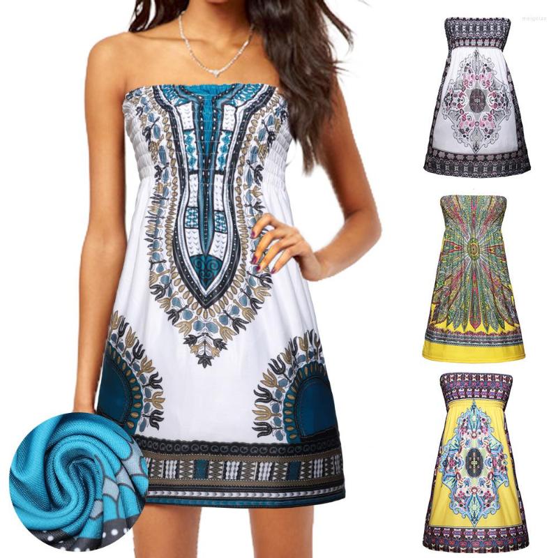 

Ethnic Clothing Summer Sexy Short African Dresses For Women Dashiki Print Bazin Robe Smocked Stretchy Tube Top Backless Bodycon Mini Dress