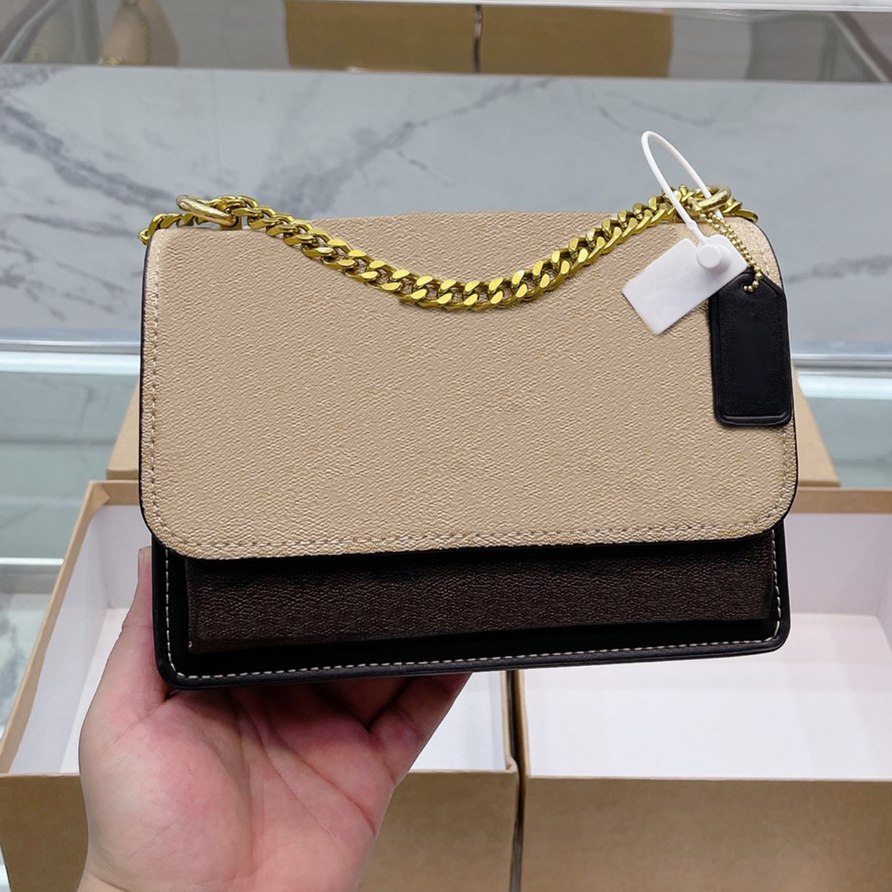 

Chain Klare Crossbody Bag in Blocked Signature Coated Canvas and Smooth Leather Designer Hardware Snap Closure Purse Outside Slip Pocket Women Shoulder Bags