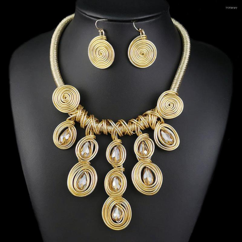 

Necklace Earrings Set Handmade Metal Wind Polyester Chain Crystal Gold Color & Pendant Party Jewelry Vintage African, Picture shown