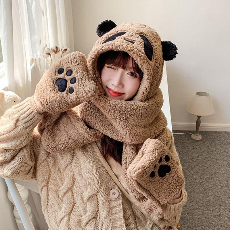

Berets Casual Winter Panda Warm Hat Scarf Gloves Set Beanies Caps Plush Women, White