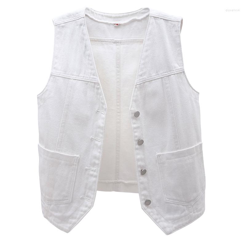 

Women' Jackets 2022 Summer Wild Slim Denim Vest Women Short V-Neck Pocket Sleeveless Jacket Vintage Jeans Thin Waistcoat Female Tops G2239, White