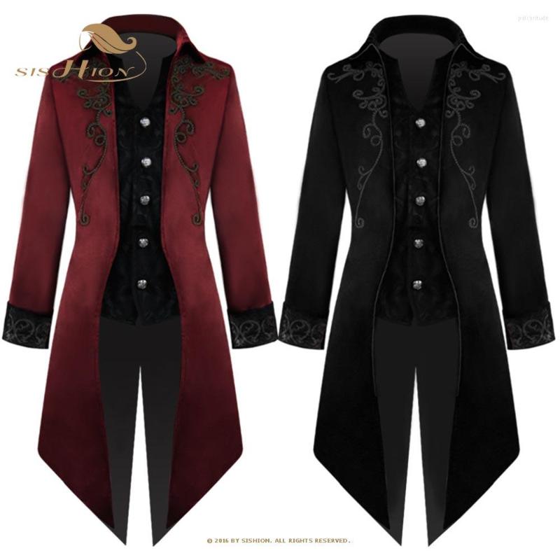 

Men' Trench Coats SISHION 2022 Spring Autumn Tuxedo Medieval Vintage Clothing Midi Punk Men Coat VD2471 Retro Mid-Length Court, Black