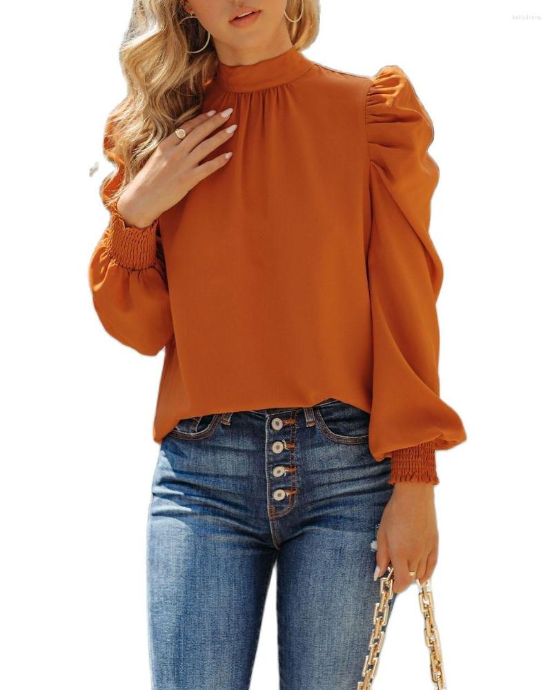 

Women' Blouses 2022 Orange Chiffon Shirts Women Solid Color Long Sleeve Stand Collar Bubble Back Lace Up Tops, Green