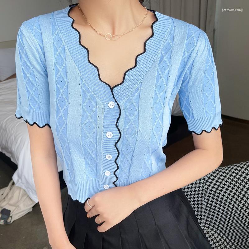 

Women's Blouses Summer Office Lady Casual Vintage Contrast Color Wave Edge V-Neck Single Breasted Print Patchwork Knitted Short-Sleeved Top, Blue