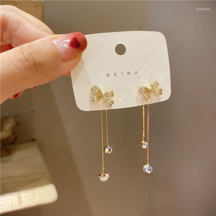 

Dangle Earrings Elegant Bling Rhinestone Bowknot Long Tassel For Women Crystal Chain Tie Bow Drop Korean Jewelry