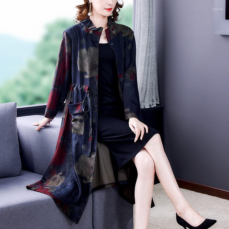 

Women's Trench Coats Silk Polyester Jacket 2022 Autumn Stand Collar Single Breasted Slim Fashion Temperament Retro Print Windbreaker Women, Blue