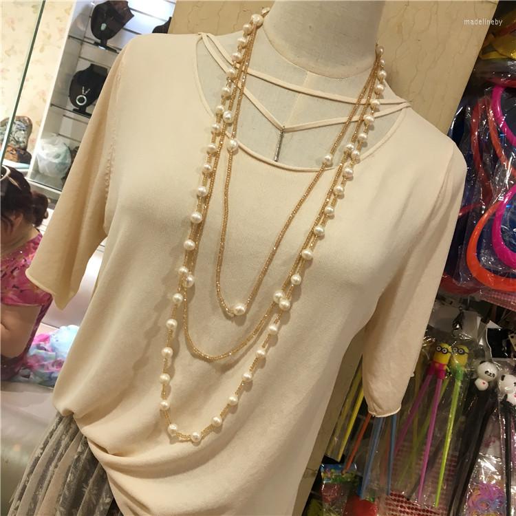 

Chains Style Long Sweater Chain Double Natural Color Freshwater Pearl Glass Crystal Necklace Fashion Jewelry