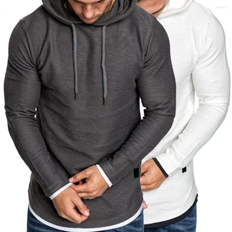 

Men's Sweaters Men Sweatshirt Slim Fit Drawstring Pullover Hoodie Long Sleeve Solid Color Fake Two Piece Hooded Male Clothing, Grey