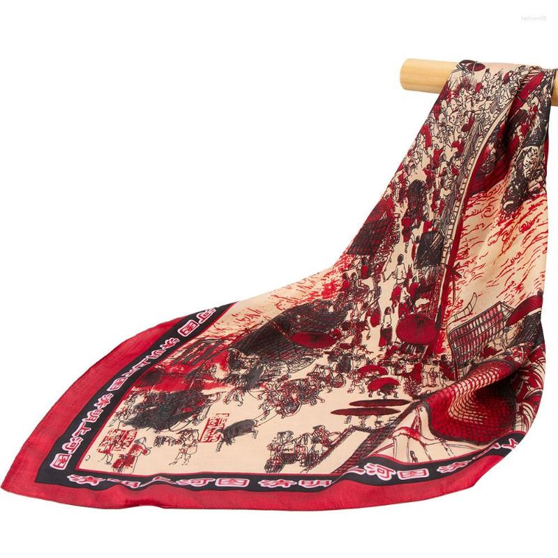 

Scarves Pure Silk Scarf Women Hijab Painting Qingming River Female Big Square Top Headband Wholesale Necherchief Gift For Lady