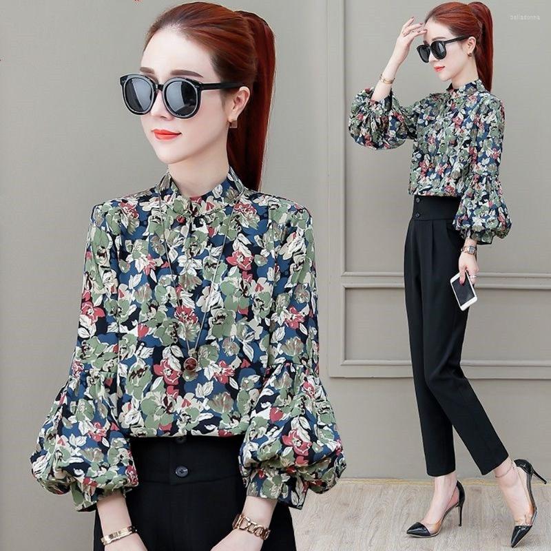 

Women' Blouses Floral Chiffon Shirt Women' Spring Summer Long-sleeved Loose Top Autumn Lantern Sleeve Fashion Woman 2022, Blue