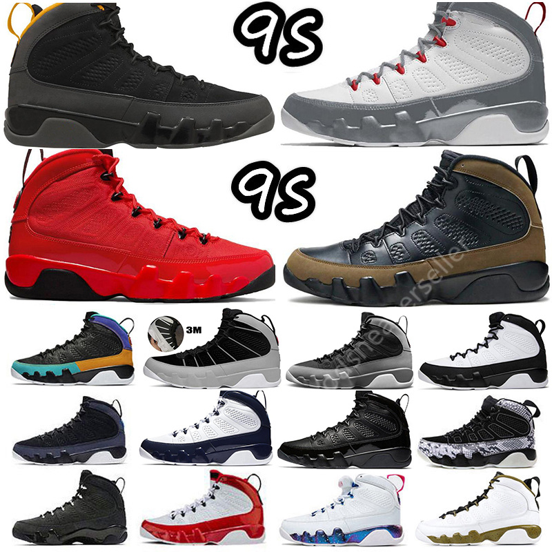 

9 9s Olive Mens Basketball Shoes Sneakers Particle Grey University Blue Dream It Gold Space Jam Gym Chile Fire Red Racer Blue UNC Oregon Ducks Bred Sports Trainers, Shoes box