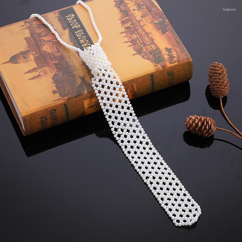 

Pendant Necklaces Woven Beads Flat Head Hollow Design Choker Retro Imitation Pearl Necktie Jewelry Scarf Necklace Accessories
