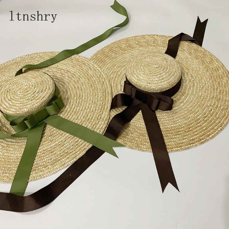 

Berets Women's Big Brim Wheat Straw Sun Hat Ribbon Bow Layies Beach Raffia Wide Womens Hats Fashionable
