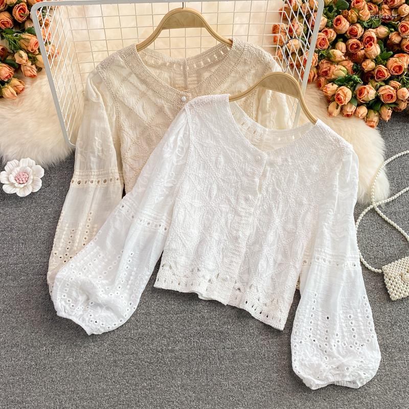 

Women's Blouses Hikigawa Chic Fashion Women Early Autumn Loose Elegant O Neck Embroidery Hollw Shirts Button Up Long Sleeve Blouse Top Mujer, White