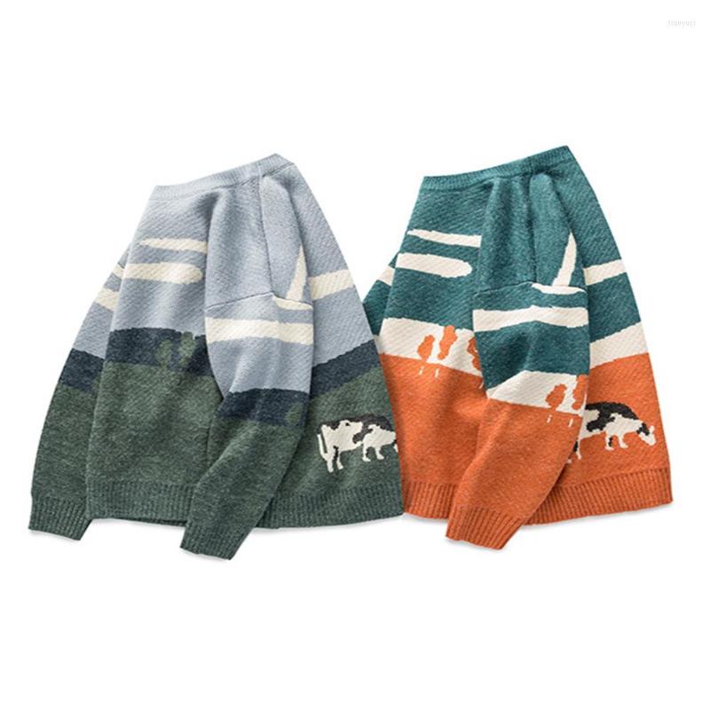 

Men's Sweaters TSINGYI Vintage Cow Sweater Man Woman Autumn Winter Cartoon Cloud Tree Cows Pollover O-Neck Printed Streetwear Harajuku, Green