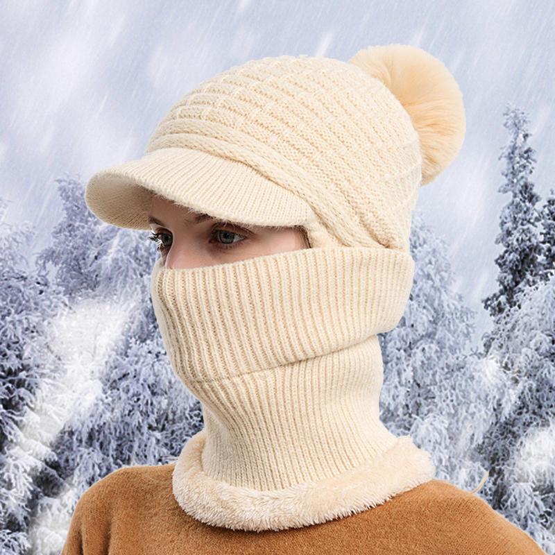 

Berets Women Winter Slouchy Knit Warm Hats Wool Cap Scarf Integrated Pullover Cute Outdoor Ear Protection Knitted Hat, White