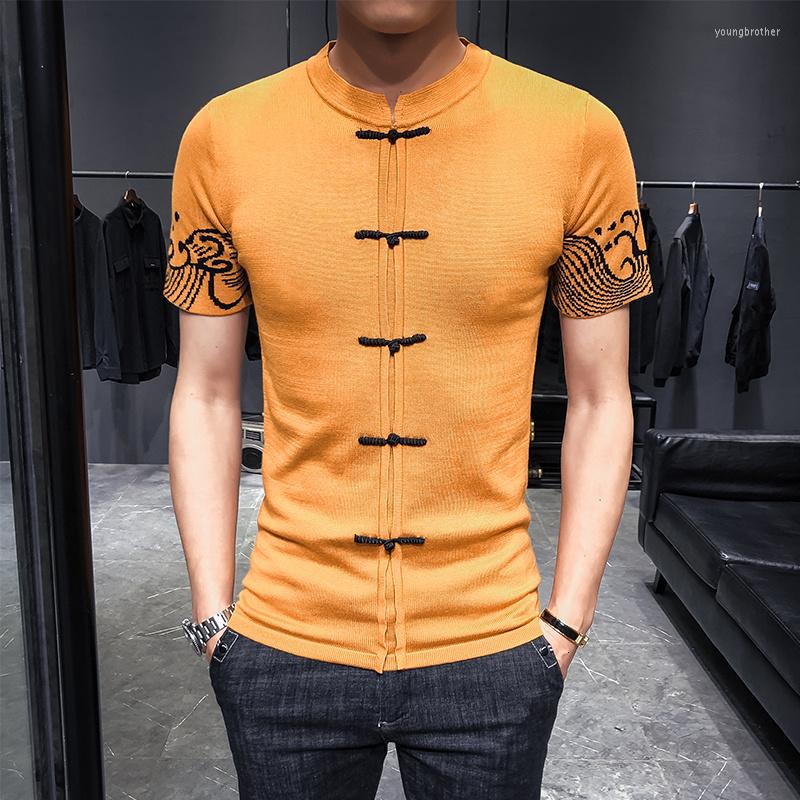 

Men's T Shirts Knitting Sweater Chinese Style Button Sleeve Side Jacquard Weave Man Self-cultivation Short Camisetas Hombre, Black