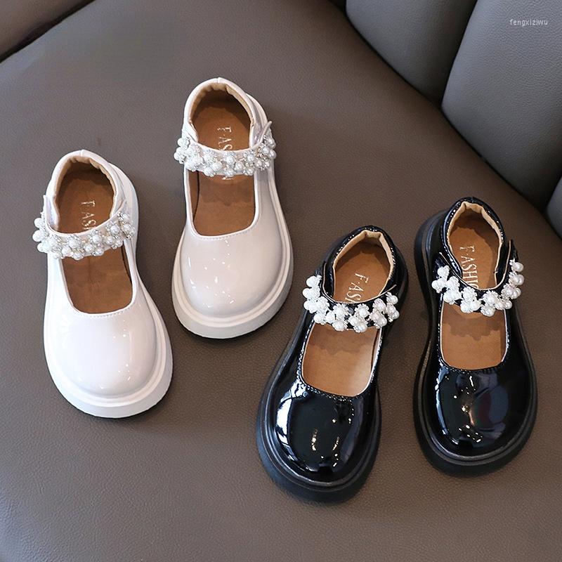 

Flat Shoes Girls' Patent Leather Pearl Princess Fashion Casual Children's Soft Sole Single For Kids, Black