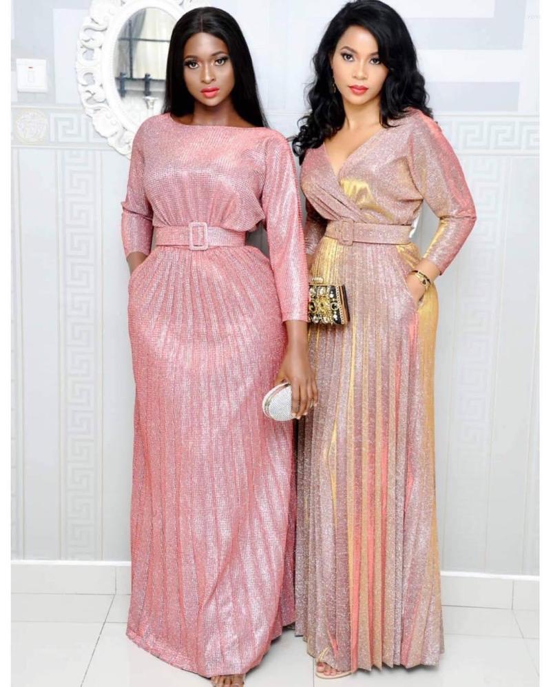 

Casual Dresses Tsxt 2022 African Style OL Elegant Women's Dress Magic Lantern Silk Gilding Pink Round Neck Full Sleeve Pleated Skirt, Khaki