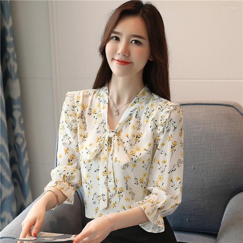 

Women' Blouses 2022 Korean Summer Clothes For Women Floral Chiffon Blouse Design Shirt Women' Cropped Sleeves, Blue