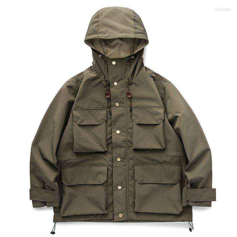 

Men' Trench Coats 2022 Men' Multi Pocket Cargo Jacket Windproof High Quality Basic Outdoor Loose Hooded Coat For Autumn Spring, Caramel