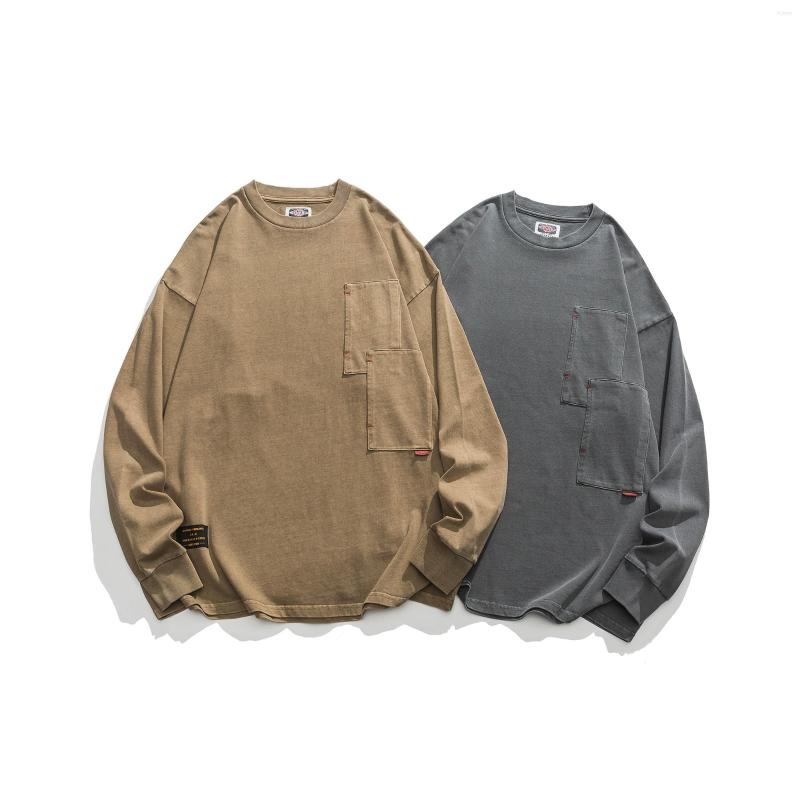 

Men's T Shirts High Quality Men Vintage Pockets Long Sleeve Shirt Baggy Fit, Gray