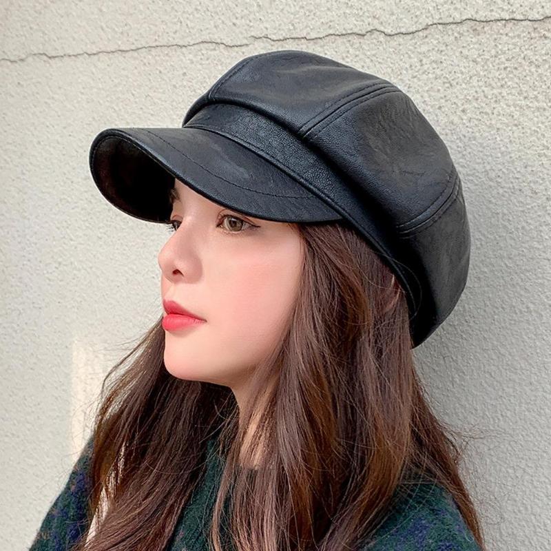 

Berets Female Beret Boina Women Hat Sboy Cap For Ladies Imitation Leather Solid Color Design Octagonal Painter Match BL0071, Black