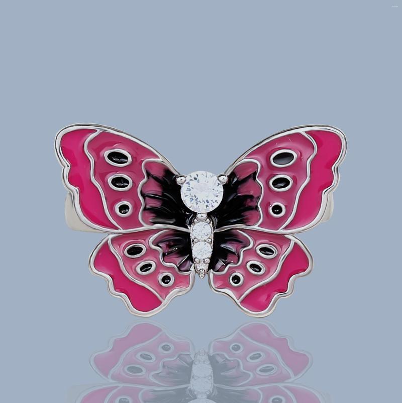 

Cluster Rings 2022 925 Silver Women's Ring Butterfly Pink Epoxy Jewelry Wedding Bridal Handmade Enamel