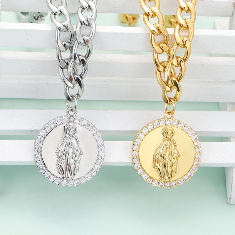 

Pendant Necklaces EYIKA Luxury Zircon Copper Cupid Virgin Mary Stainless Steel Cuban Chain Necklace Women Men Religious Faith Jewelry