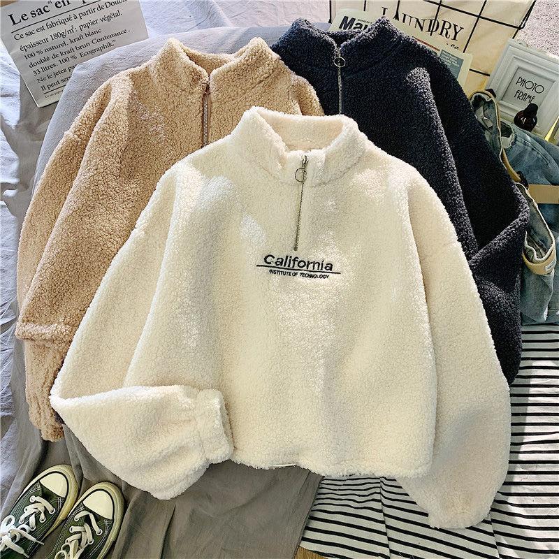 

Women's Hoodies MEXZT Streetwear Women Letter Sweatshirt Pullovers Fashion Harajuku Thick Warm Faux Lamb Fleece Crop Tops Loose Y2k Clothes, White