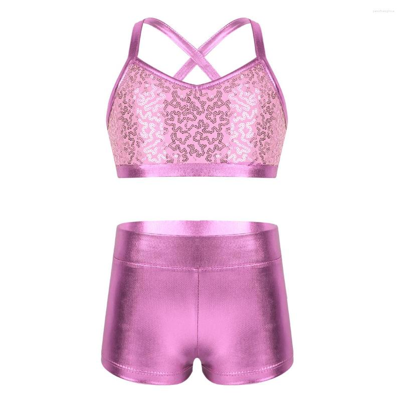

Clothing Sets Sequins Kids Girls Jazz Dance Costumes Yoga Sports Crop Tops Shorts Outfit Ballet Gymnastics Leotard Performance Clothes, Purple