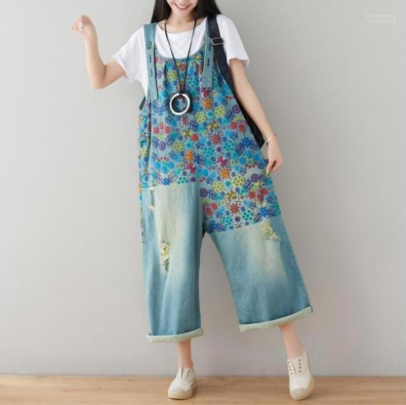 

Women's Jumpsuits Women's & Rompers 2022 Summer Distressed Washed Hole Denim Jumpsuit National Style Retro Printing Low-crotch Wide-leg, Dark blue